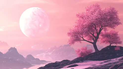 Moonlit cherry bloom drifts over a rosy alien shoreline