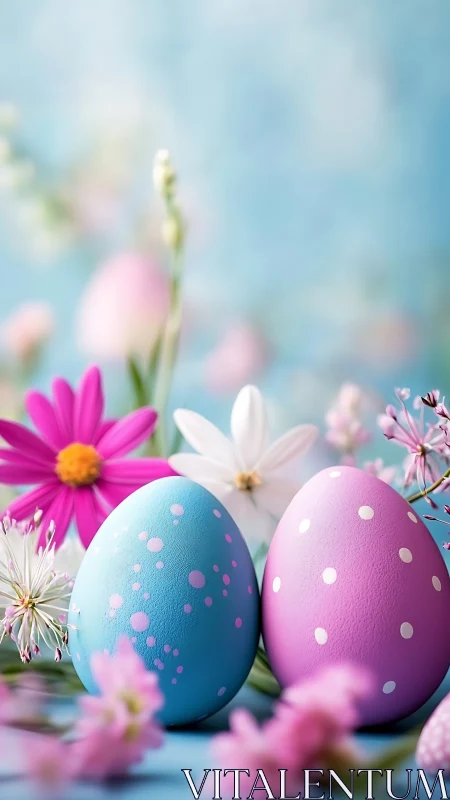 Pastel Easter eggs with spring flowers on blue background.
