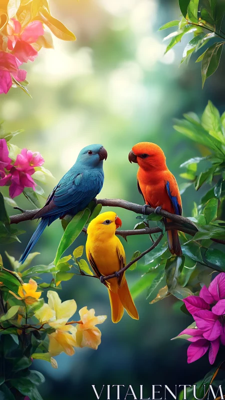 Tri-color parrots perched amid vibrant tropical foliage