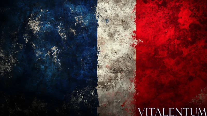 Distressed textured French flag in bold tricolor composition.