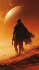 Lone armed wanderer crosses wind-sculpted dunes under massive planet