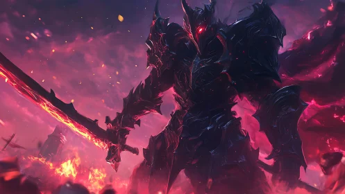 Crimson dusk knight rising from a storm of molten shadow.