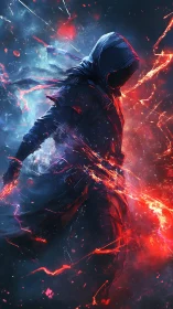 Hooded figure in fragmented red and blue energy field.
