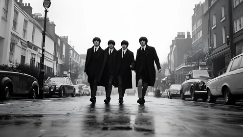 Monochrome London street scene with four suited pedestrians crossing
