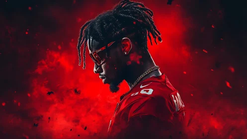 Digital portrait of football player in red smoke aura.