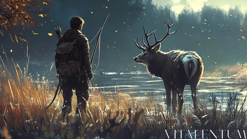 Hunter and stag stand face to face by a misty lakeshore.