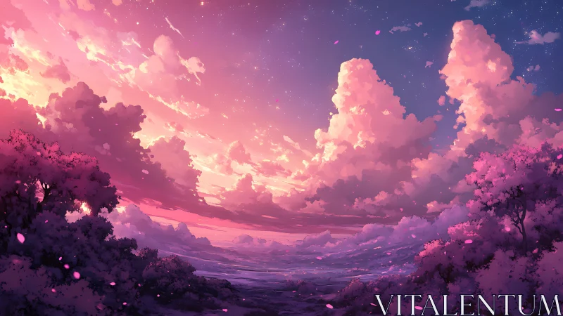 Luminous sunset clouds over pink blossom valley landscape.