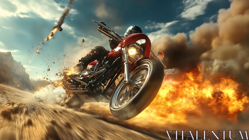 Motorcycle rider accelerates through desert explosion at speed