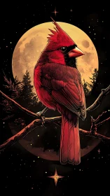 Red cardinal perched before full moon in night sky.