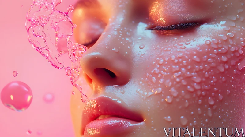 Digital beauty portrait with pink liquid splash and droplets.