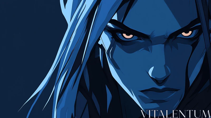 Intense blue warrior locks eyes with a bold unflinching stare