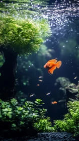 Orange betta fish swimming in lush planted aquarium.