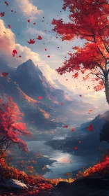 Digital valley landscape shows river, mountains and red trees