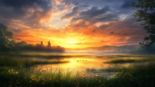 Glowing sunrise welcomes quiet wetlands into a soft new day