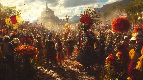 High-fidelity festival procession with skeletal masked leader