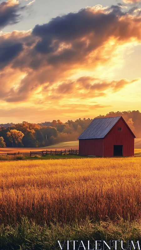 Autumn grain field and isolated red barn under glowing sunset