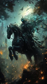Dark rider on spectral horse amid burning ruins at night.