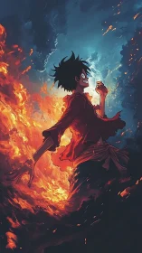 Anime hero strides through bifurcated storm of fire and sky