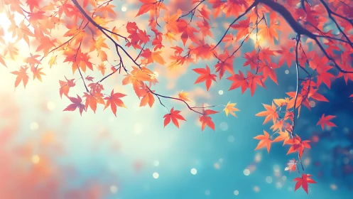 Scarlet maple leaves drift like quiet sparks through skylight