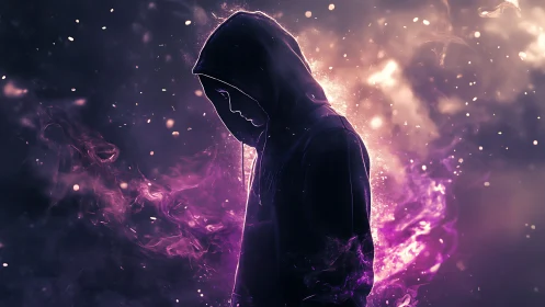 Hooded figure silhouette stands amid purple digital smoke