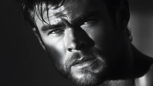 Brooding male portrait in stark monochrome side lighting.
