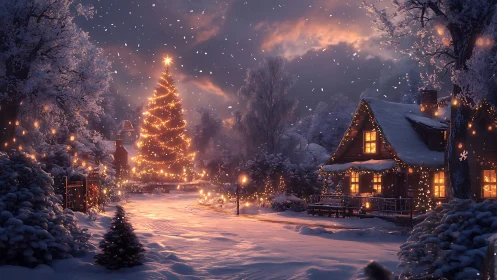 Snowy village Christmas tree glows in a cozy winter twilight