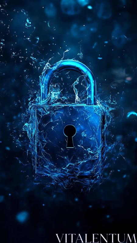 Liquid blue padlock symbolizing secure data flow.