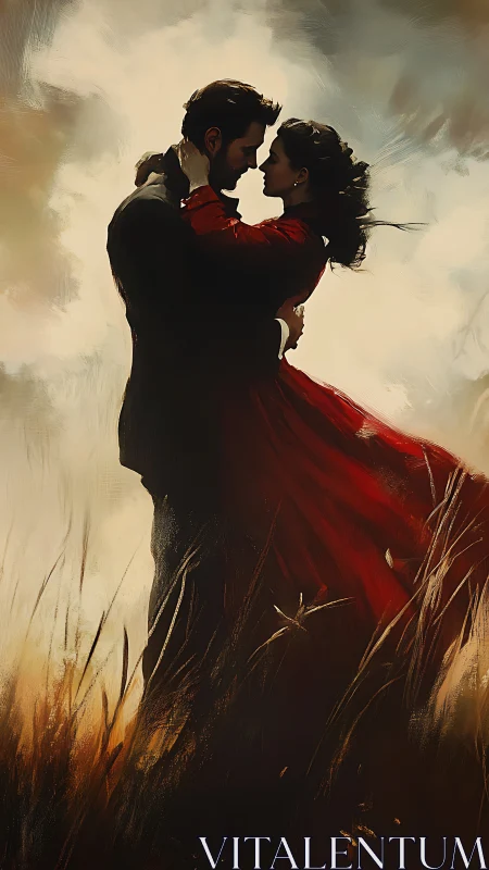 Couple in Wheat Field, Man Lifting Woman in Red Dress