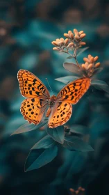Macro capture of orange spotted butterfly in cyan foliage field.