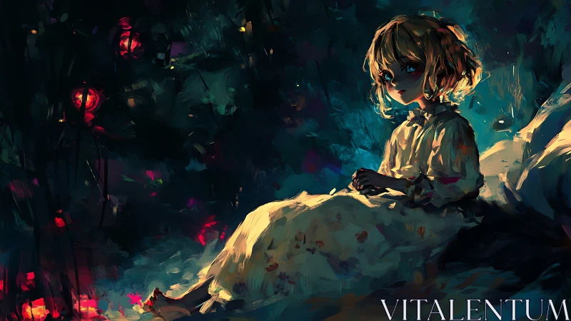 Chromatic nocturne of a girl in bedlit spectral ambience.