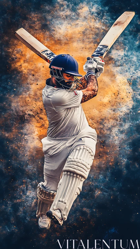 Cricket batsman explodes into action against cosmic backdrop
