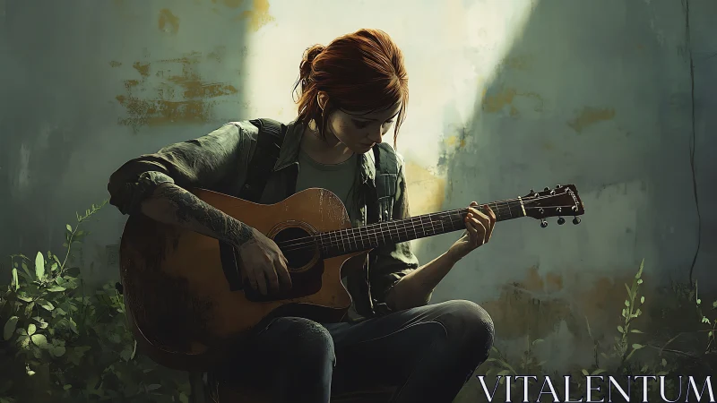 Backlit red‑haired guitarist in overgrown posturban courtyard