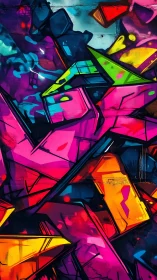 Geometric graffiti mural displays angular neon color fields