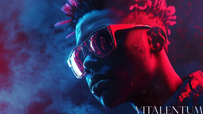 Portrait shows side-lit man wearing reflective neon sunglasses