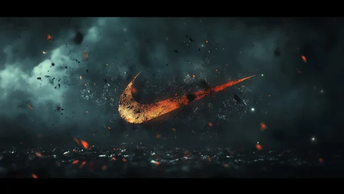 Ignited swoosh emblem in stormy particle explosion environment.