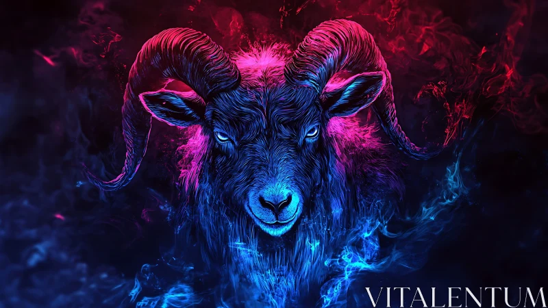 Neon ram portrait in blue and magenta smoke glow.