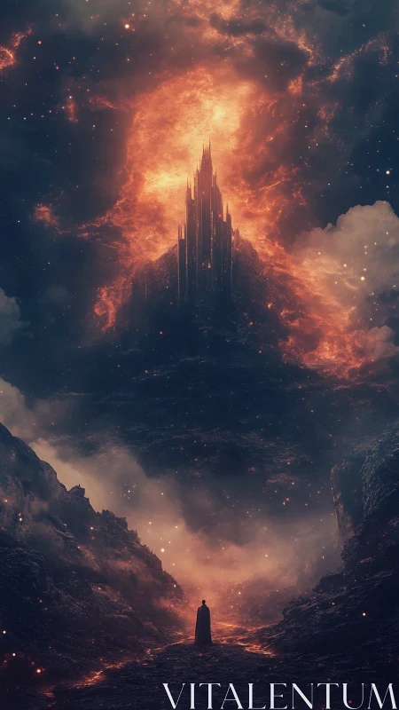 Lonely wanderer beneath the ember-crowned obsidian citadel.