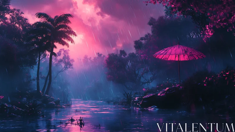 Neon rainstorm transforms a lush jungle river at twilight.