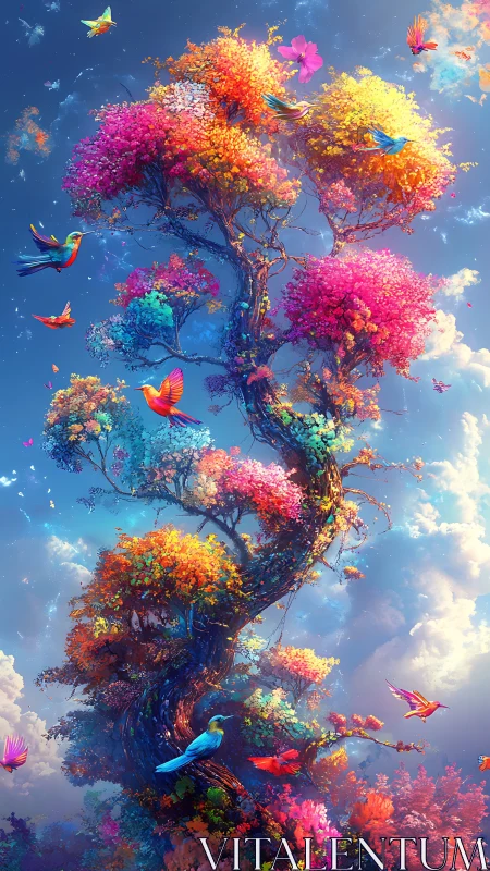 Skybound blossom tree crowned with radiant, swirling birds.