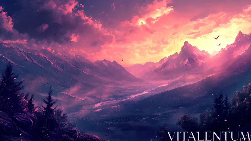 Vibrant digital sunset over dramatic mountain valley.