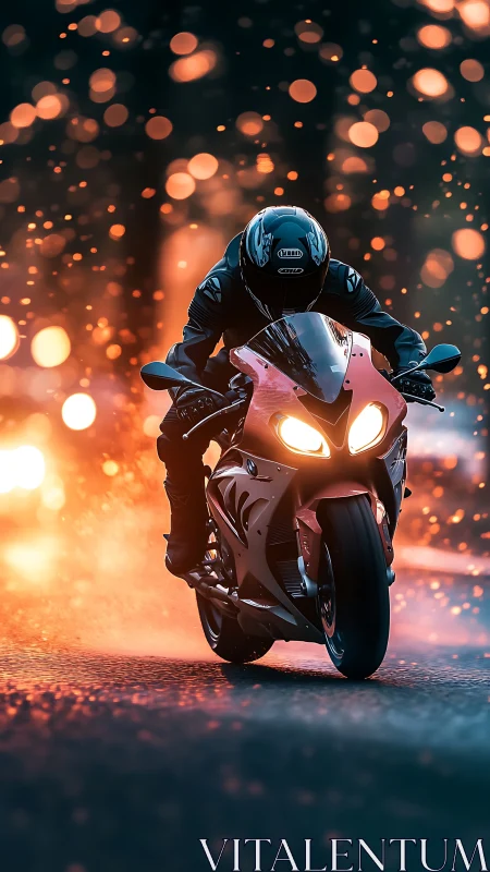 Sport motorcycle rider speeding through glowing city lights.