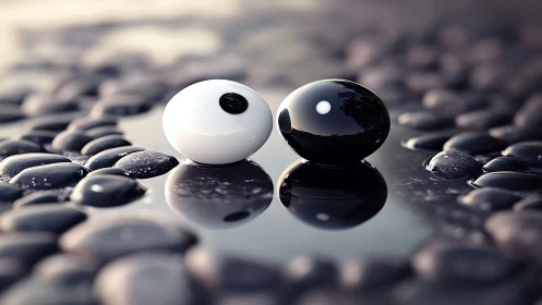 Yin yang spheres mirrored on wet pebbles in shallow focus