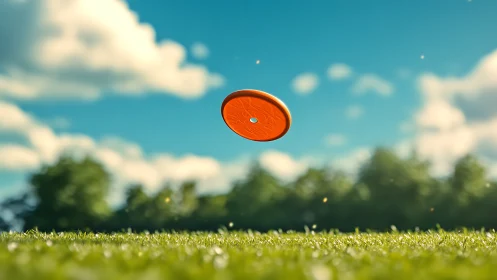 Aerodynamic orange disc captured mid-flight over grass field.