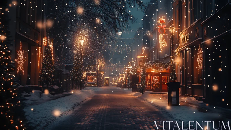 Snowy Christmas street glows with warm festive lights.