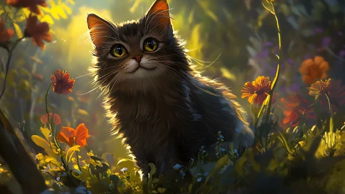 Luminous Guardian: Black Cat Meditating Among Sunlit Wildflowers