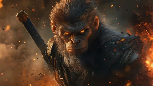 Warrior monkey stands amid fire with glowing orange eyes