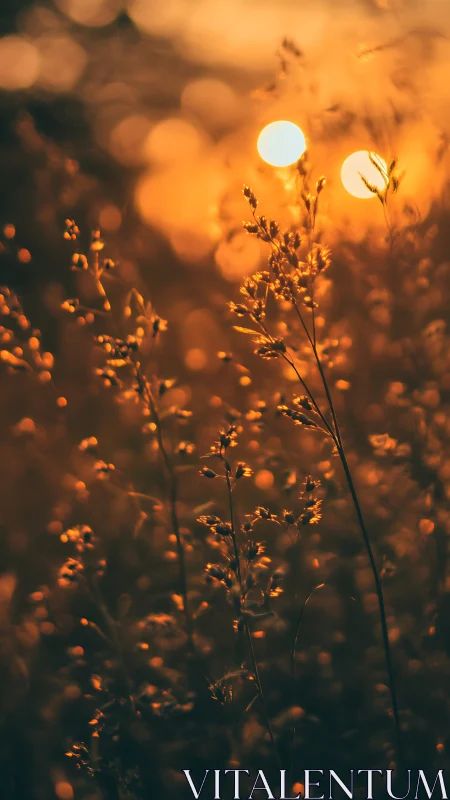 Backlit meadow whispers glow beneath twin sunset orbs
