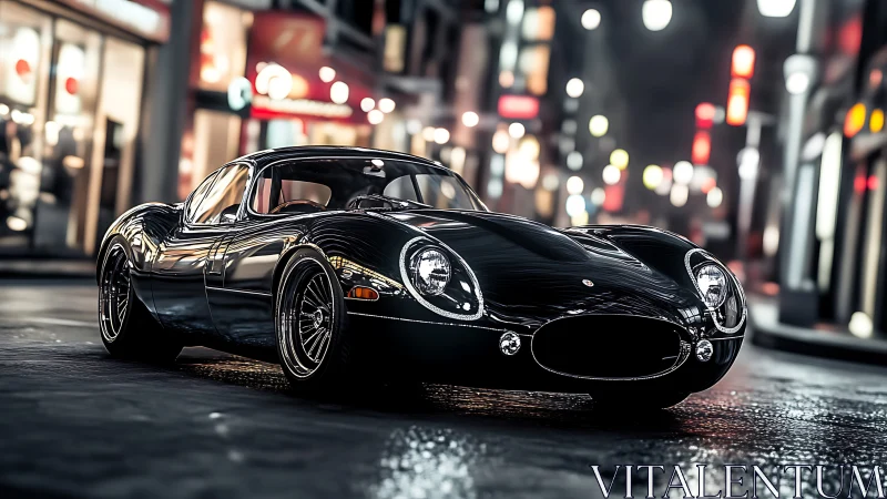 Sleek black vintage sports car reflects neon city lights
