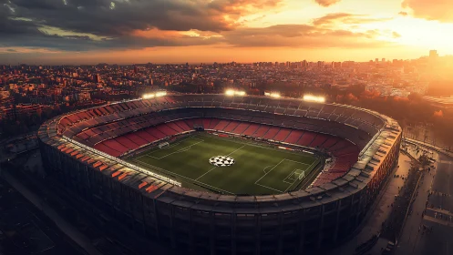 Golden-hour football colosseum crowns a glowing cityscape.