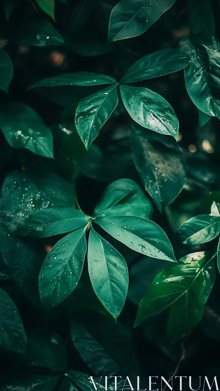 Moody close-up of glossy rainforest leaves after rain.